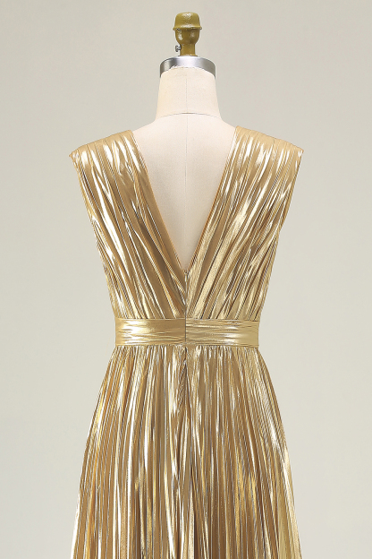 Gold V-Neck A Line Metallic High Waist Pleated Long Formal Dress