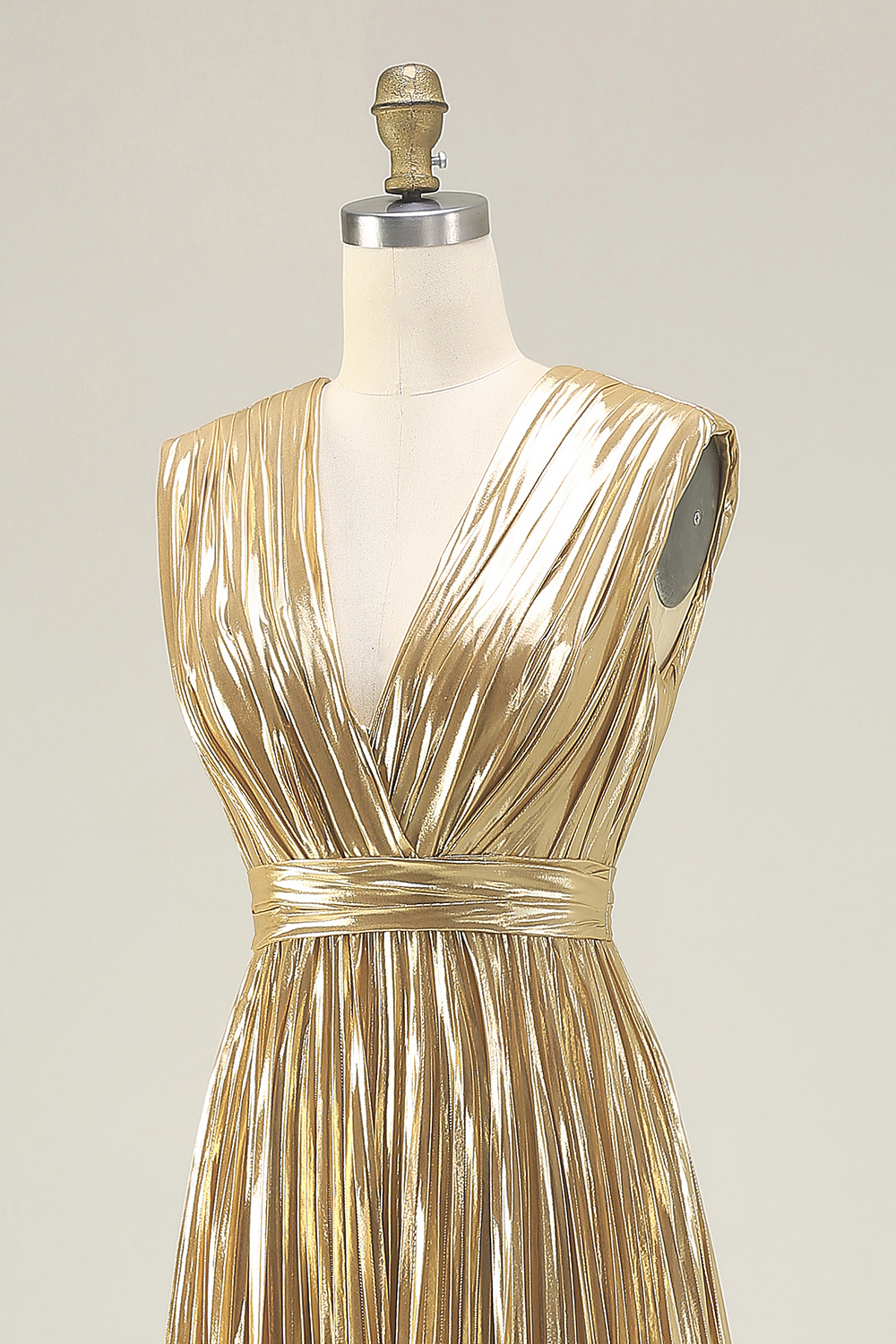 Gold V-Neck A Line Metallic High Waist Pleated Long Formal Dress