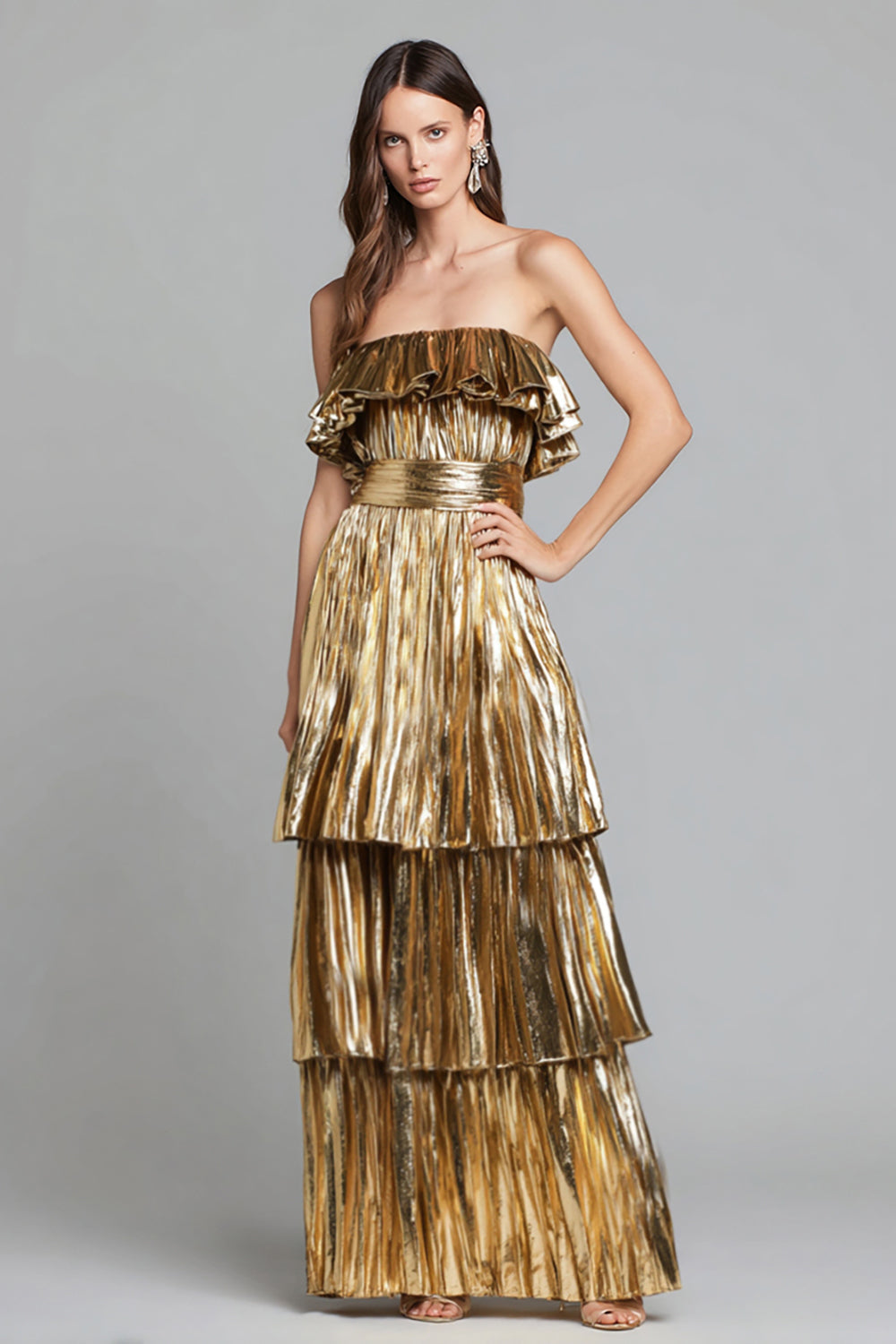 Leely Women Gold Metallic Strapless Maxi Formal Dress Tiered A Line Pleated Evening Dress with Ruffles