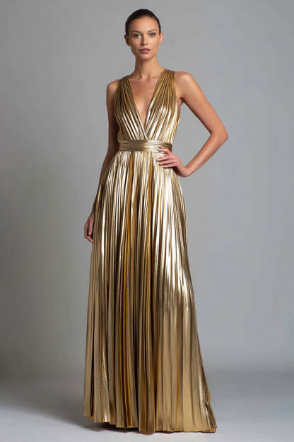 Leely Women Gold Metallic Long Formal Dress V-Neck A Line Pleated Holiday Party Dress