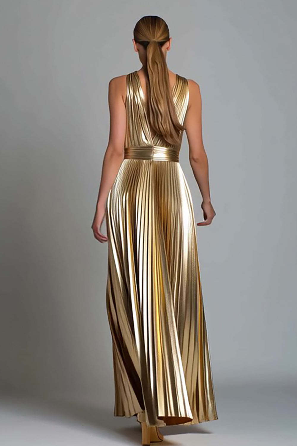 Gold V-Neck A Line Metallic Pleated Long Formal Dress
