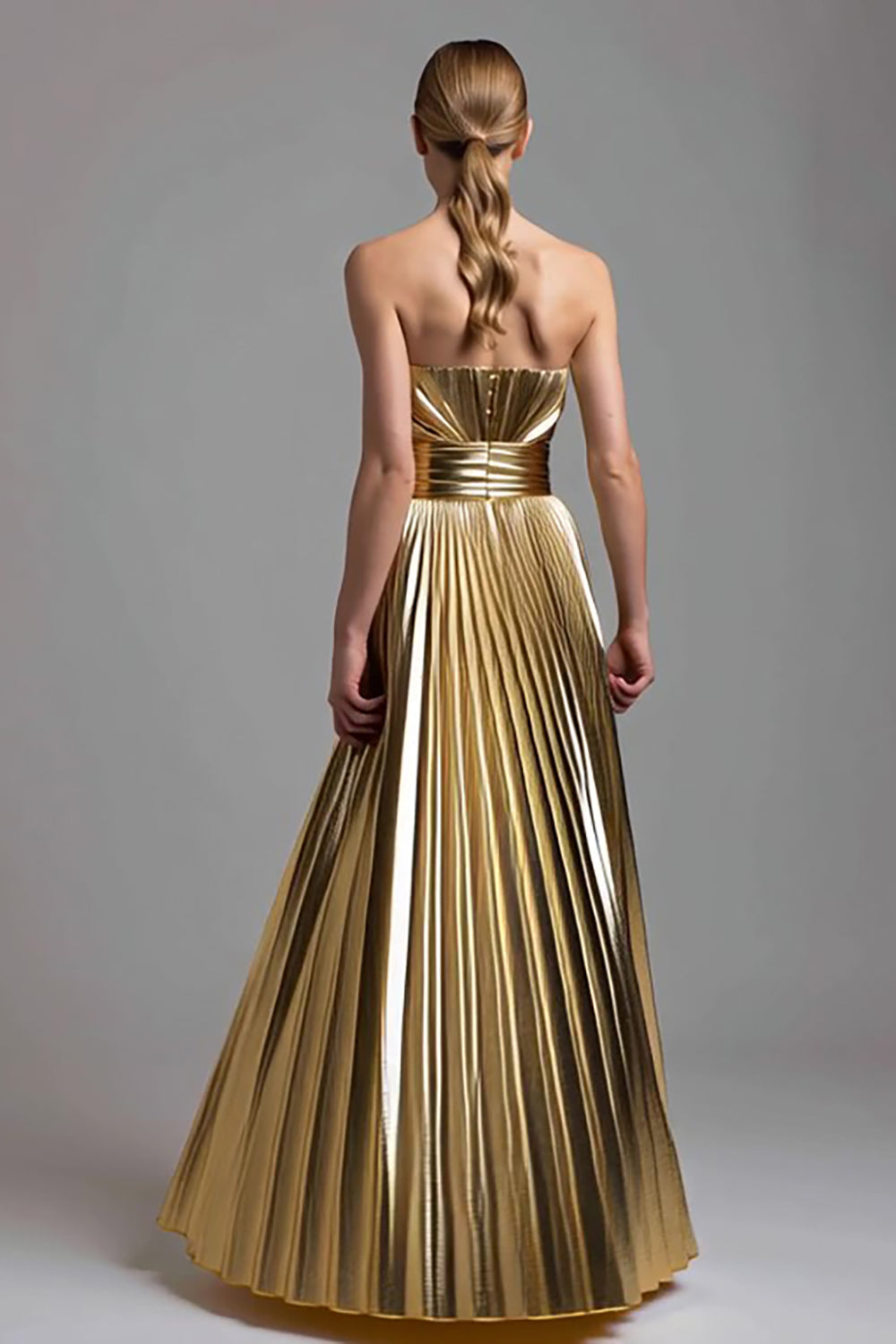 Gold Strapless A Line Metallic Pleated Long Formal Dress
