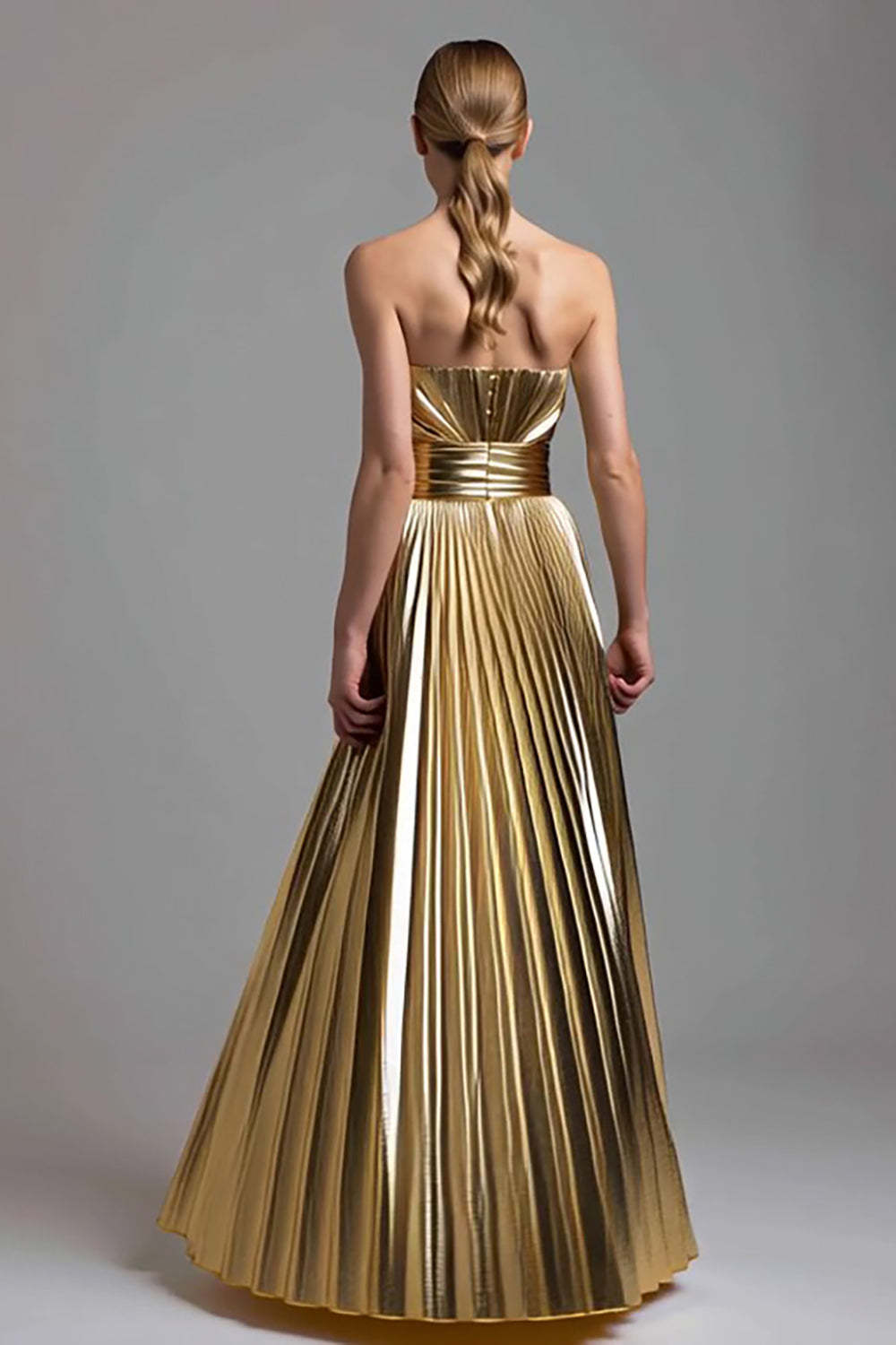Gold Strapless A Line Metallic Pleated Long Formal Dress
