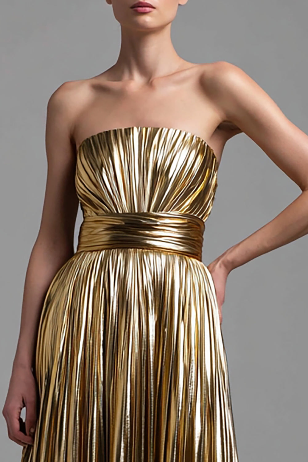Gold Strapless A Line Metallic Pleated Long Formal Dress