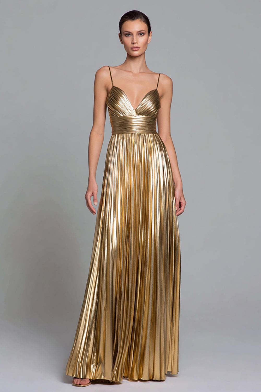 Leely Women Gold Metallic Maxi Formal Dress Strapless A Line Pleated Evening Dress