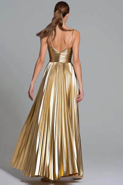 Gold Metallic A Line Pleated Spaghetti Straps Maxi Formal Dress