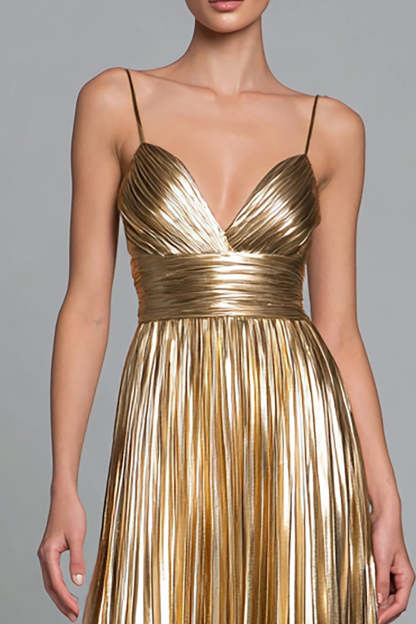 Gold Metallic A Line Pleated Spaghetti Straps Maxi Formal Dress