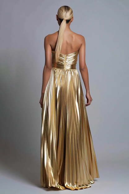 Gold Strapless A Line Pleated Metallic Long Formal Dress