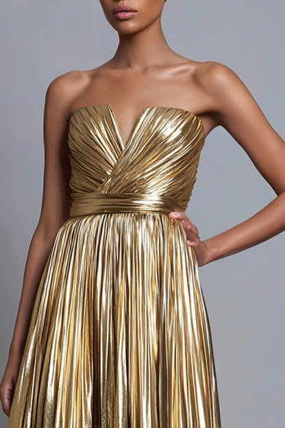 Gold Strapless A Line Pleated Metallic Long Formal Dress
