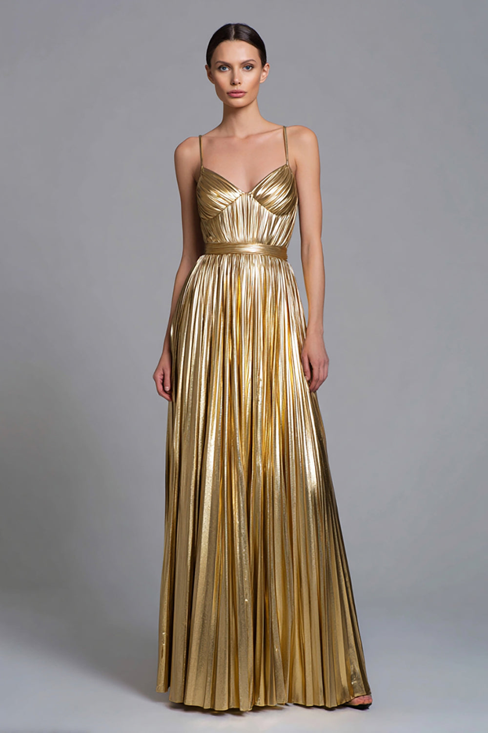 Leely Women Gold Metallic Maxi Formal Dress Pleated A Line Spaghetti Straps Holiday Party Dress