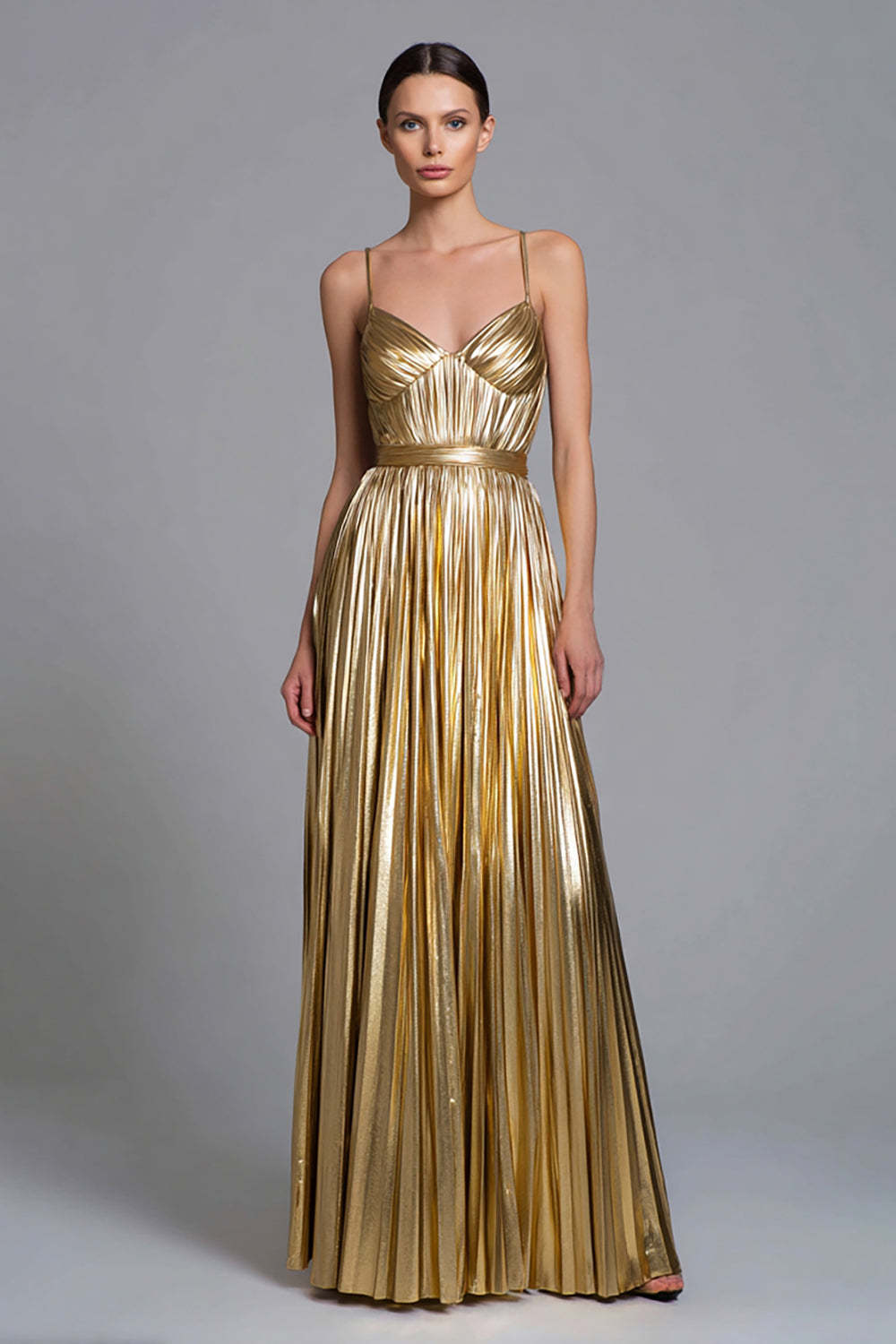 Leely Women Gold Metallic Maxi Formal Dress Pleated A Line Spaghetti Straps Holiday Party Dress