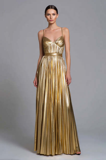 Leely Women Gold Metallic Maxi Formal Dress Pleated A Line Spaghetti Straps Holiday Party Dress