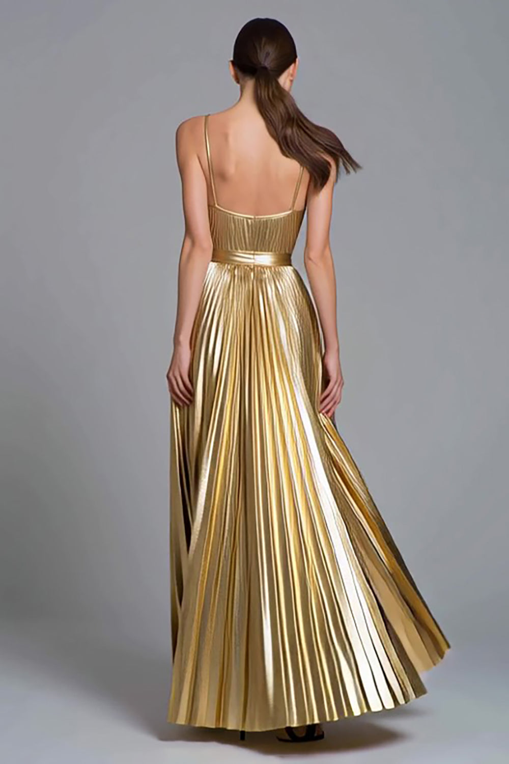 Gold Metallic A Line Pleated Maxi Formal Dress