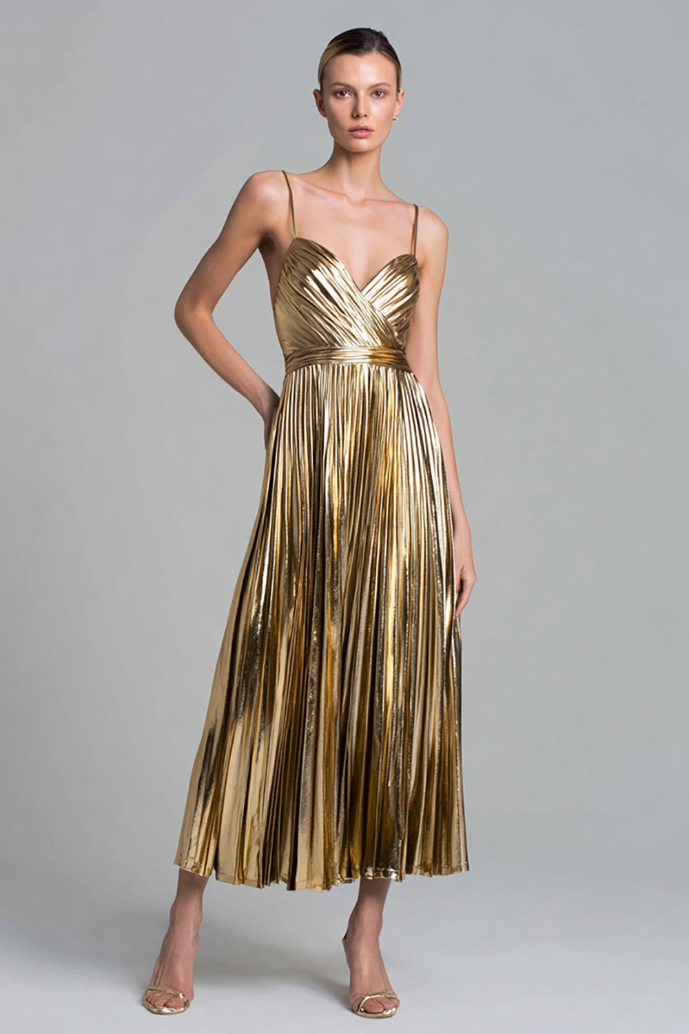 Leely Women Gold Metallic A Line Long Formal Dress Pleated Spaghetti Straps Holiday Party Dress