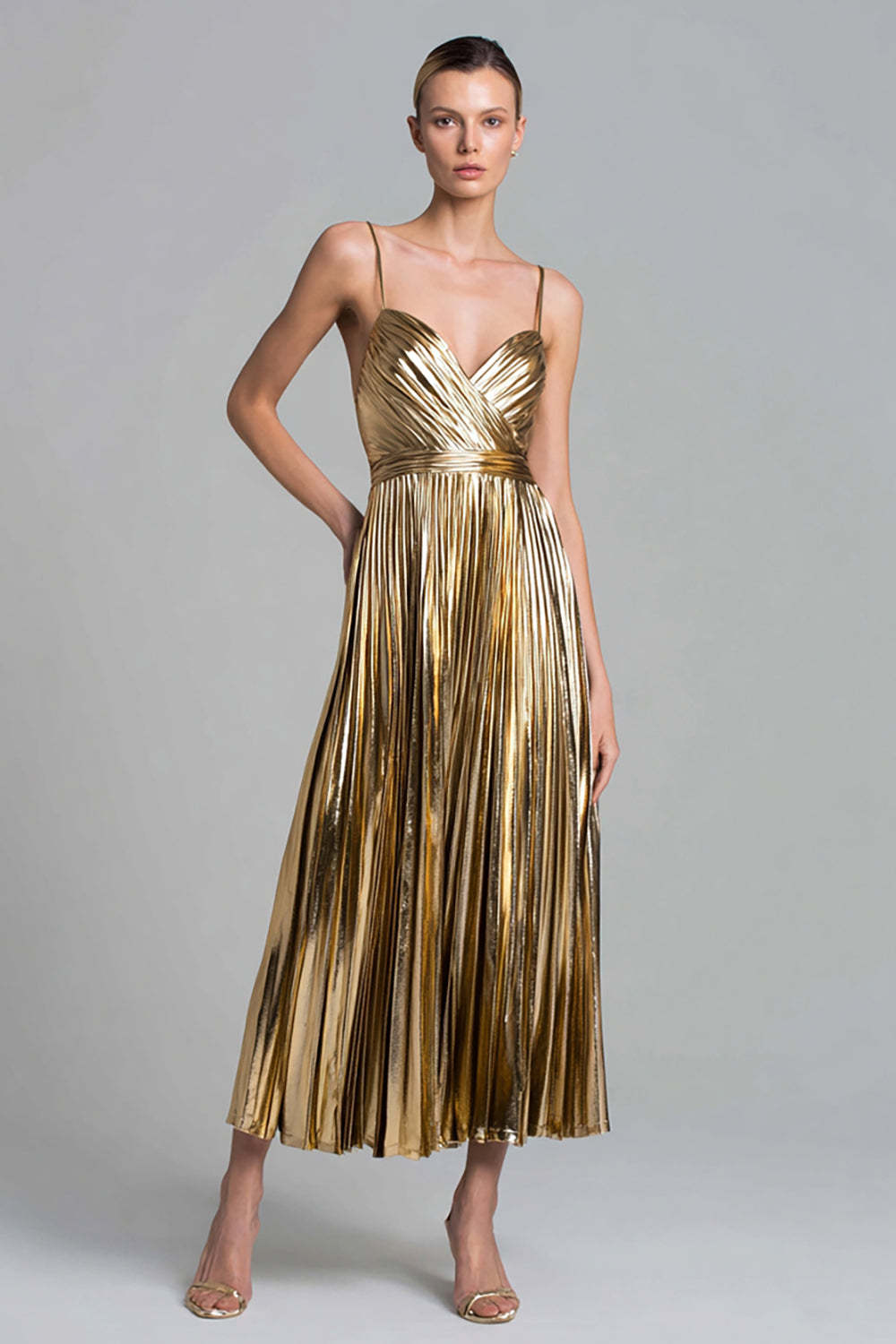 Leely Women Gold Metallic A Line Long Formal Dress Pleated Spaghetti Straps Holiday Party Dress