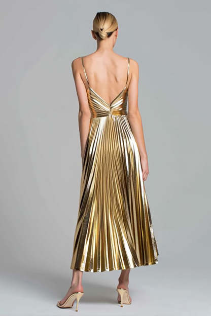Gold Metallic Pleated A Line Long Formal Dress