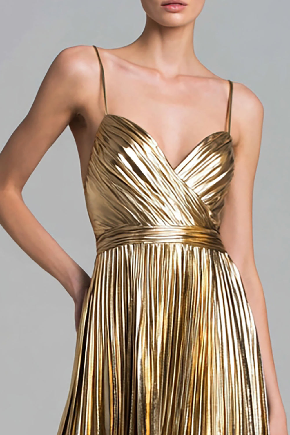 Gold Metallic Pleated A Line Long Formal Dress