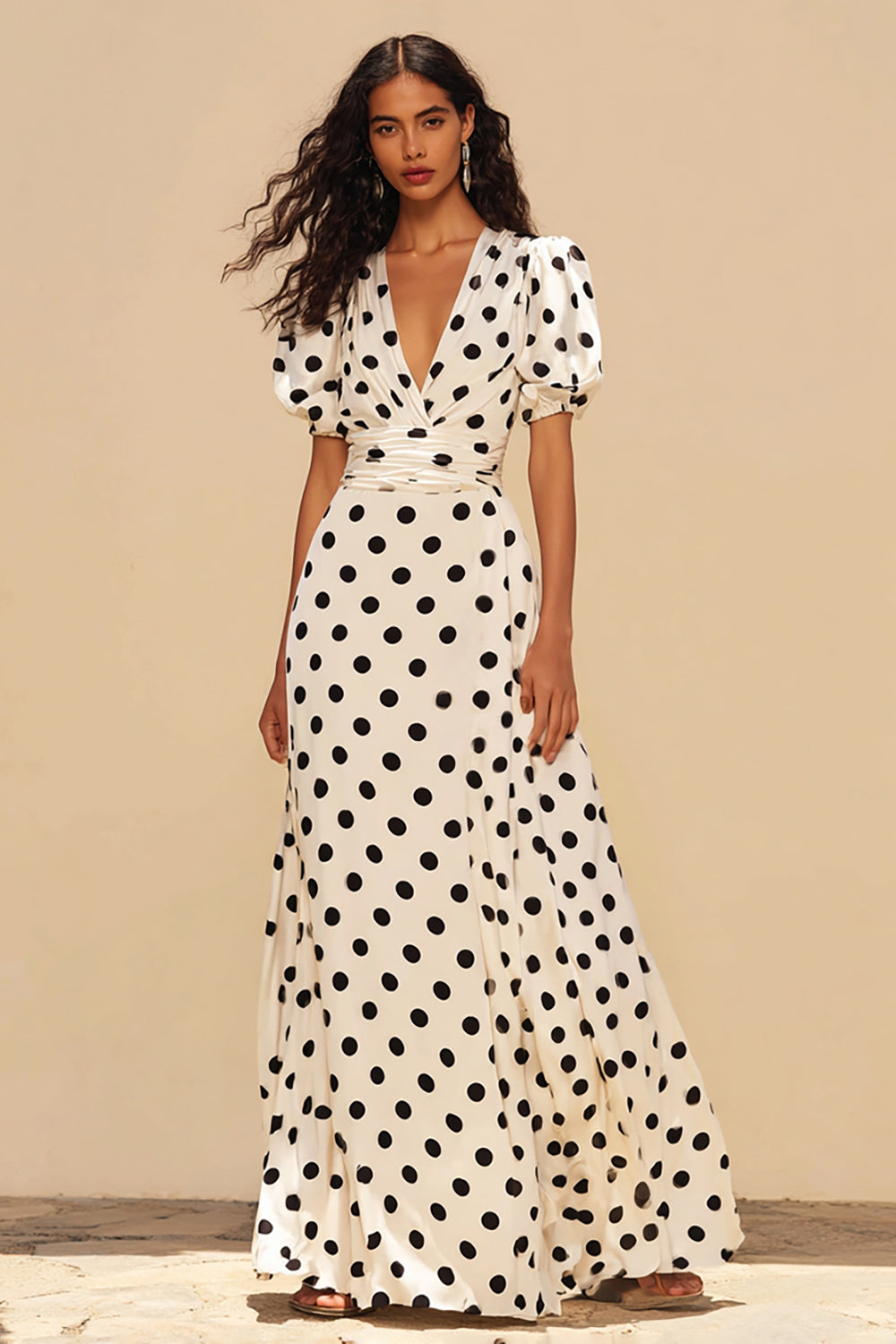 Black and White A Line V-Neck Short Sleeves Long Polka Dots Dress