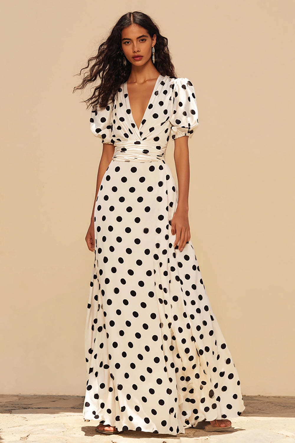 Leely Women Black and White Satin Long Polka Dots Dress A Line V-Neck Short Puff Sleeves Formal Dress