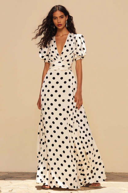 Leely Women Black and White Satin Long Polka Dots Dress A Line V-Neck Short Puff Sleeves Formal Dress