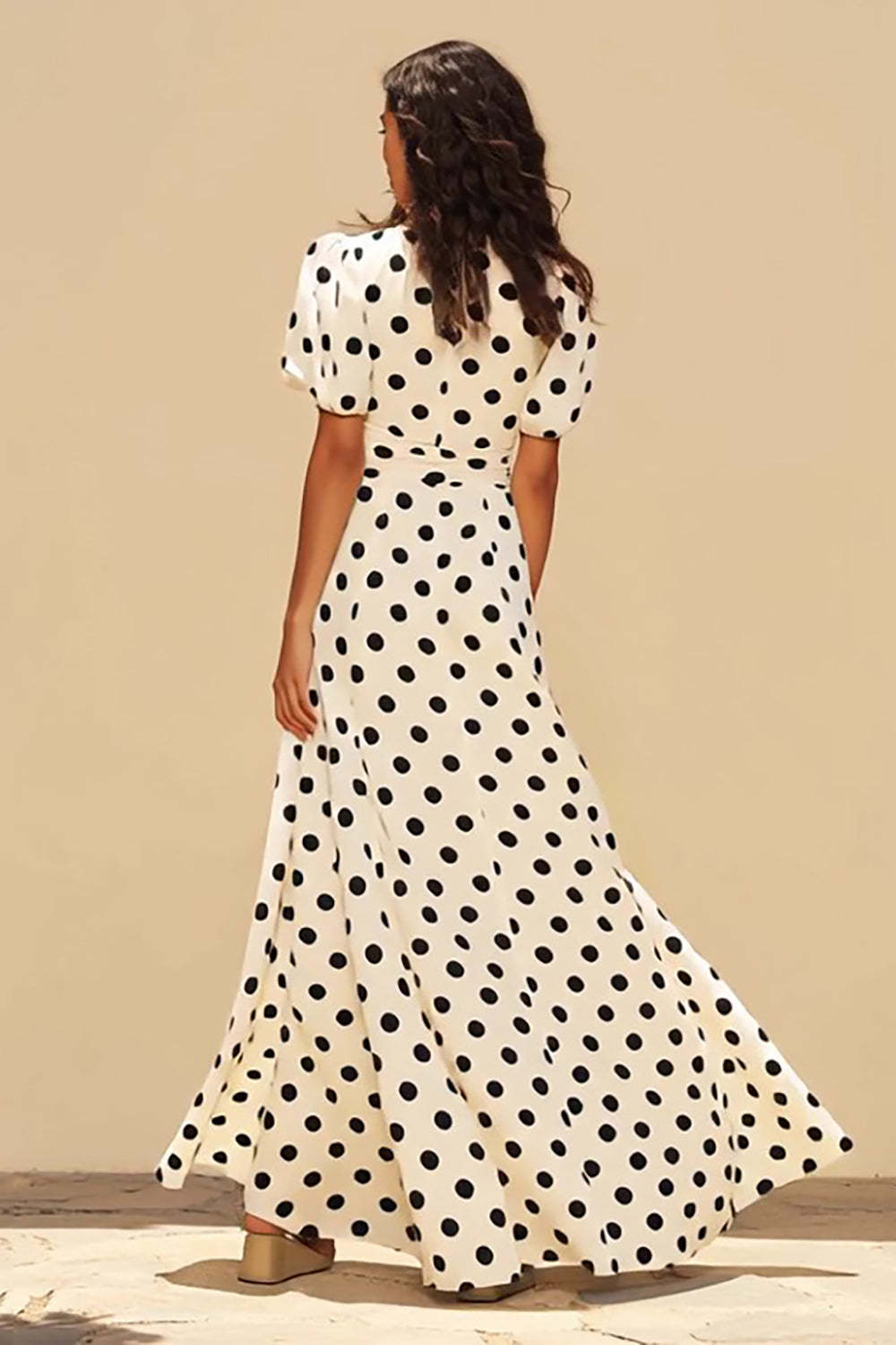Black and White A Line V-Neck Short Sleeves Long Polka Dots Dress