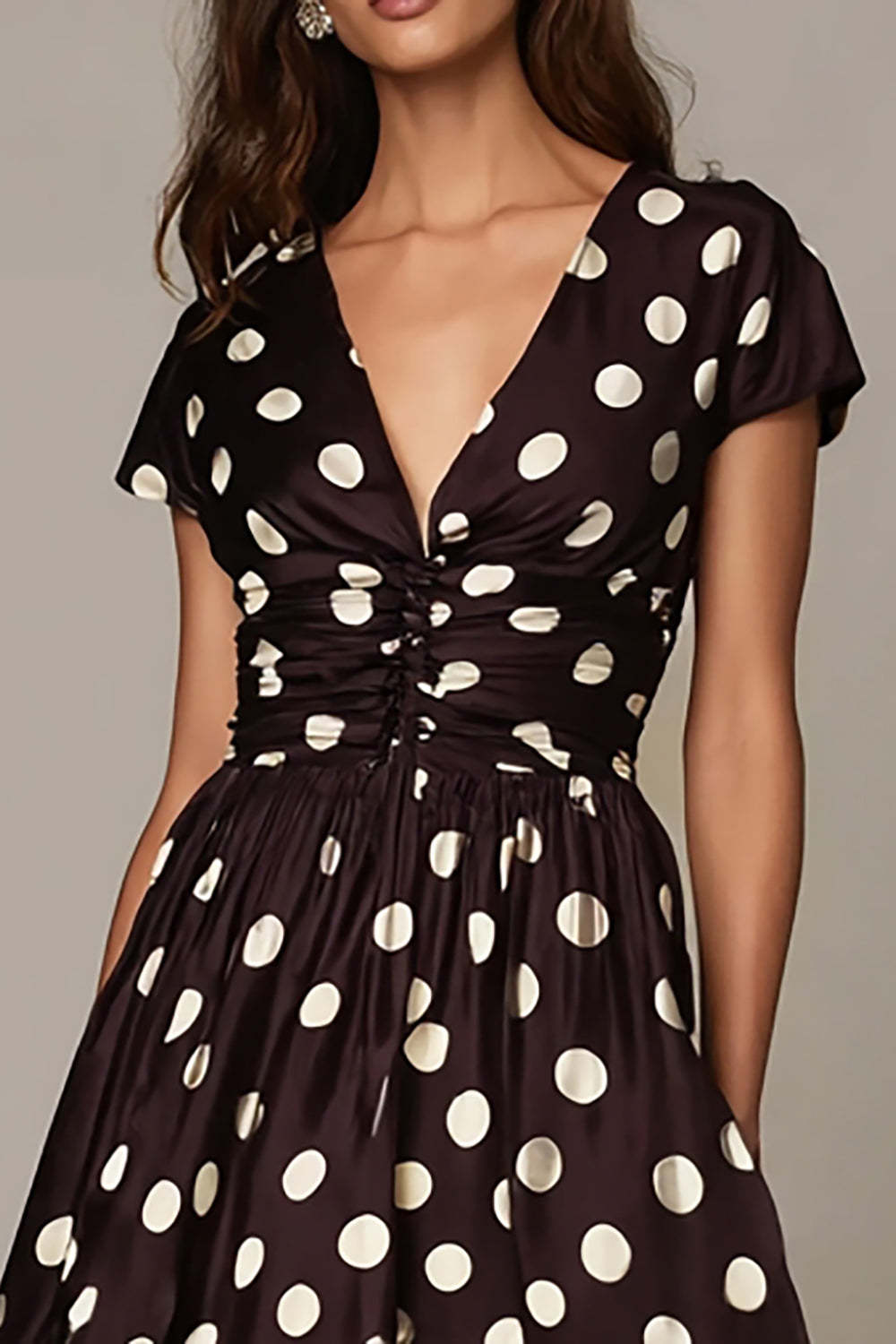 Dark Brown White Satin V-Neck A Line Maxi Polka Dots Dress