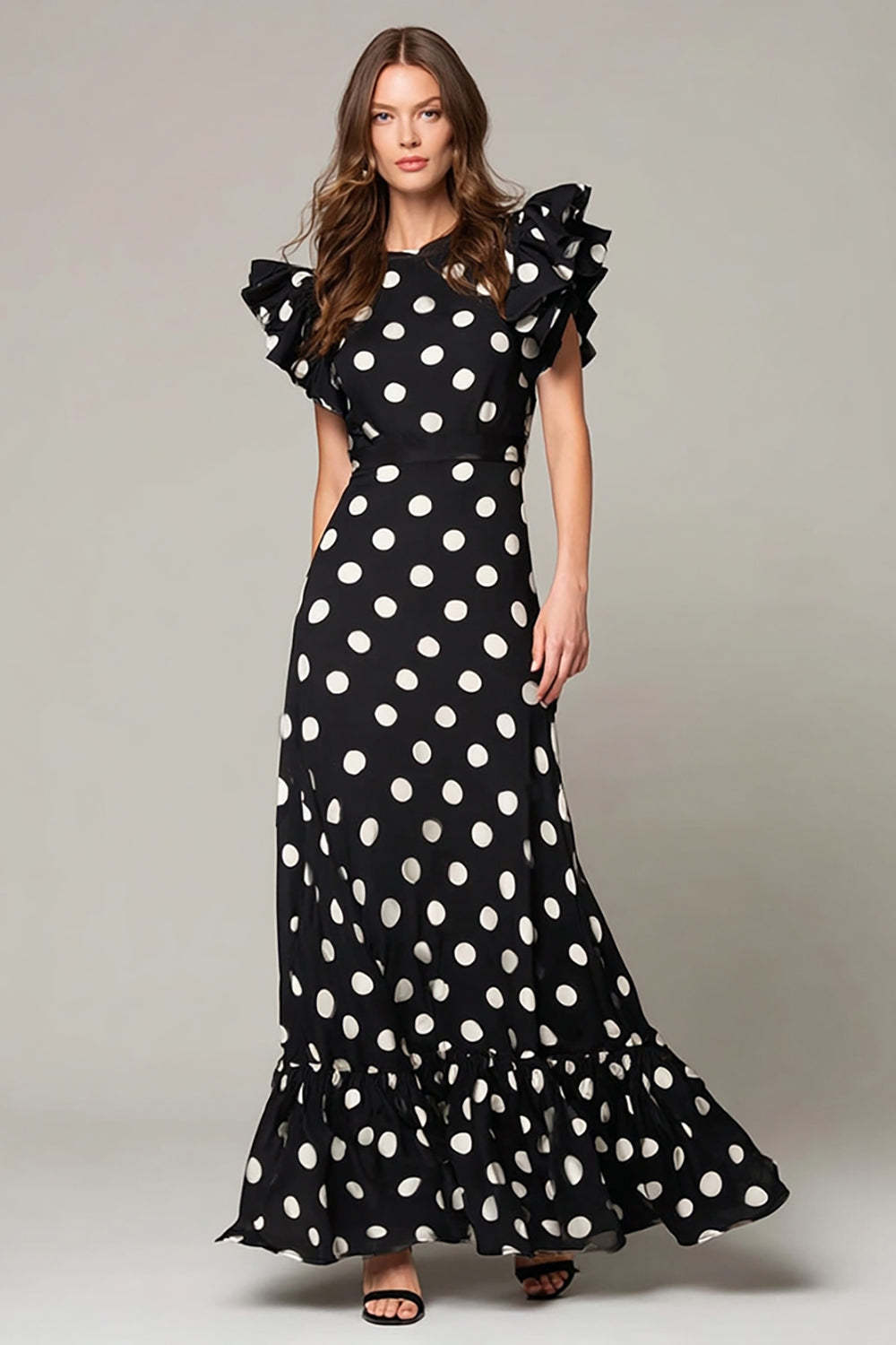 Leely Women Black and White Chiffon Long Polka Dots Dress A Line Round Neck Cap Sleeves Wedding Guest Dress