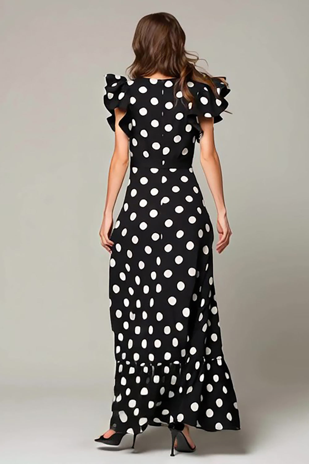 Black and White Chiffon A Line Cap Sleeves Long Polka Dots Dress with Ruffles