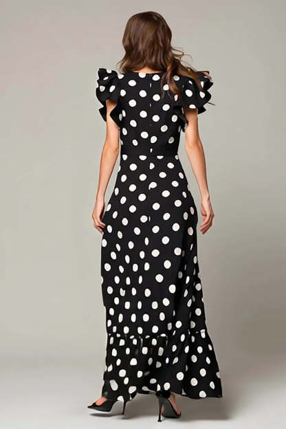 Black and White Chiffon A Line Cap Sleeves Long Polka Dots Dress with Ruffles