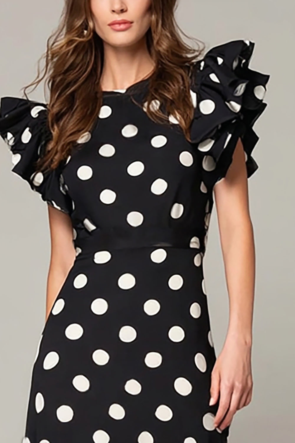 Black and White Chiffon A Line Cap Sleeves Long Polka Dots Dress with Ruffles
