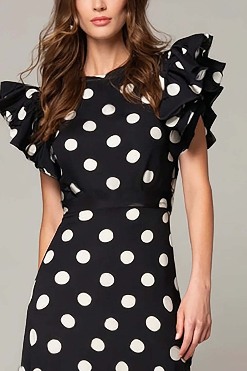Black and White Chiffon A Line Cap Sleeves Long Polka Dots Dress with Ruffles