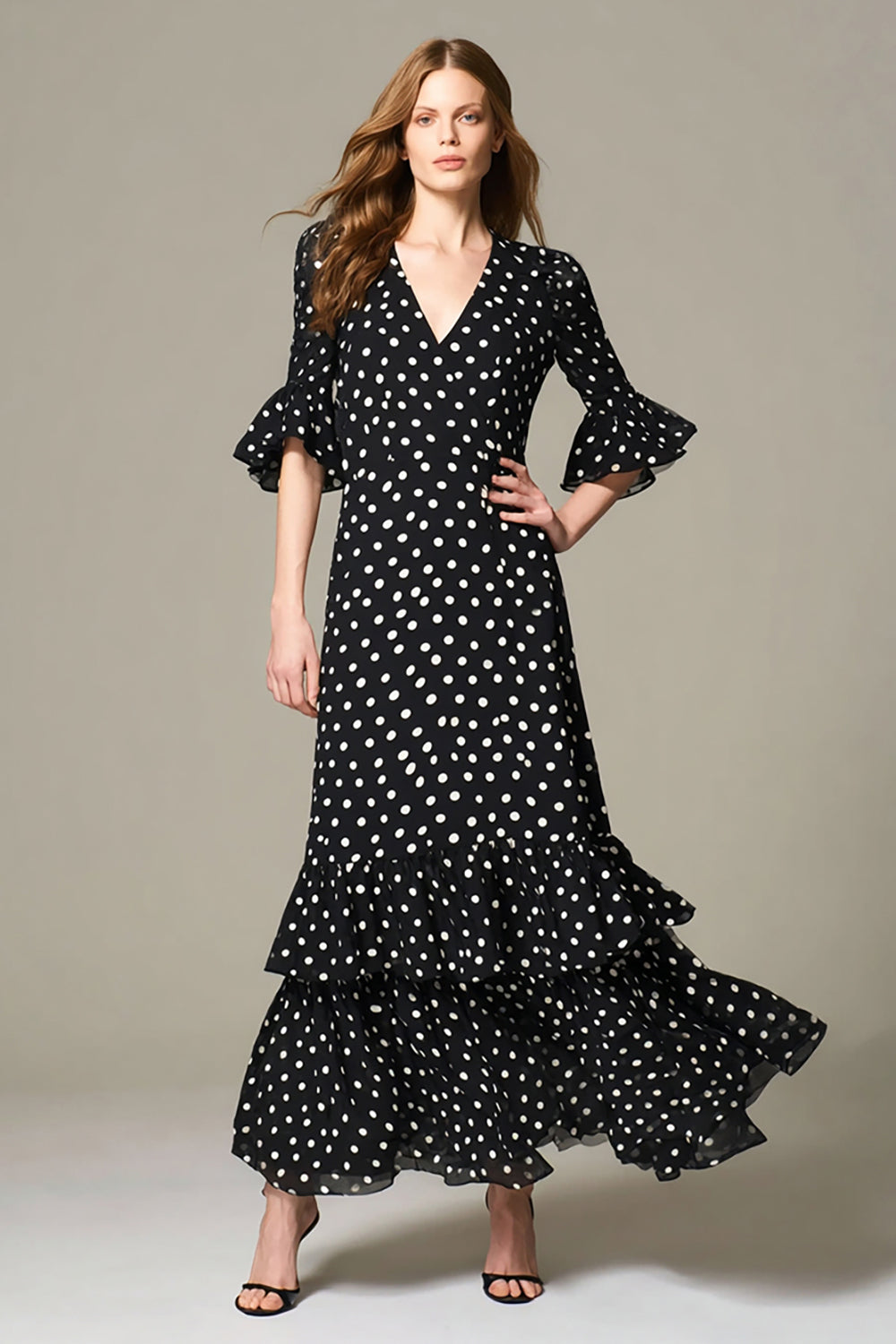 Black and White Chiffon A Line Ruffled Maxi Polka Dots Dress with Sleeves