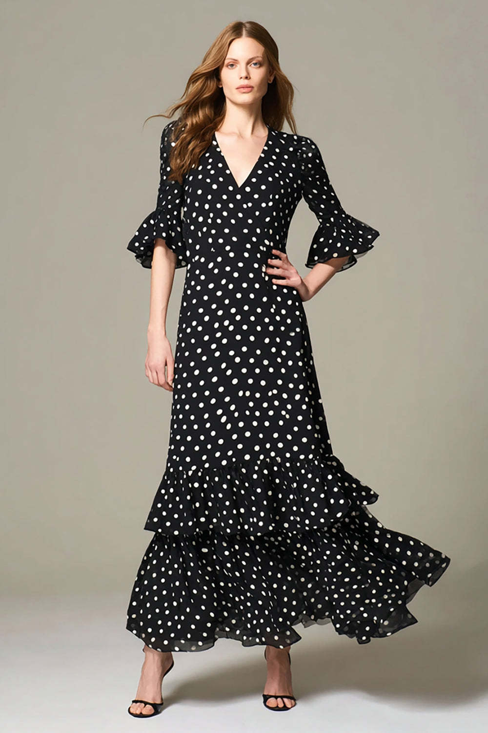 Leely Women Black and White Chiffon Maxi Polka Dots Dress V-Neck A Line Half Sleeves Wedding Guest Dress