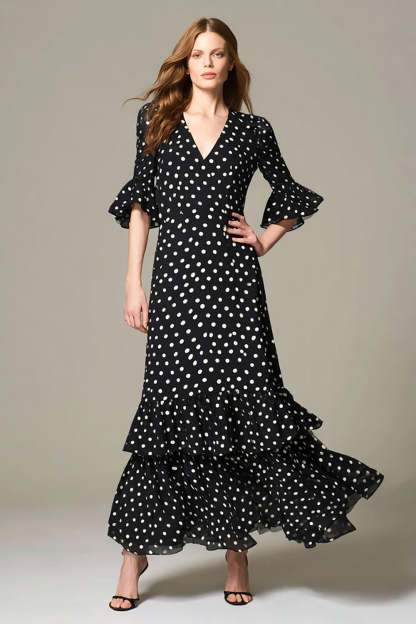 Leely Women Black and White Chiffon Maxi Polka Dots Dress V-Neck A Line Half Sleeves Wedding Guest Dress