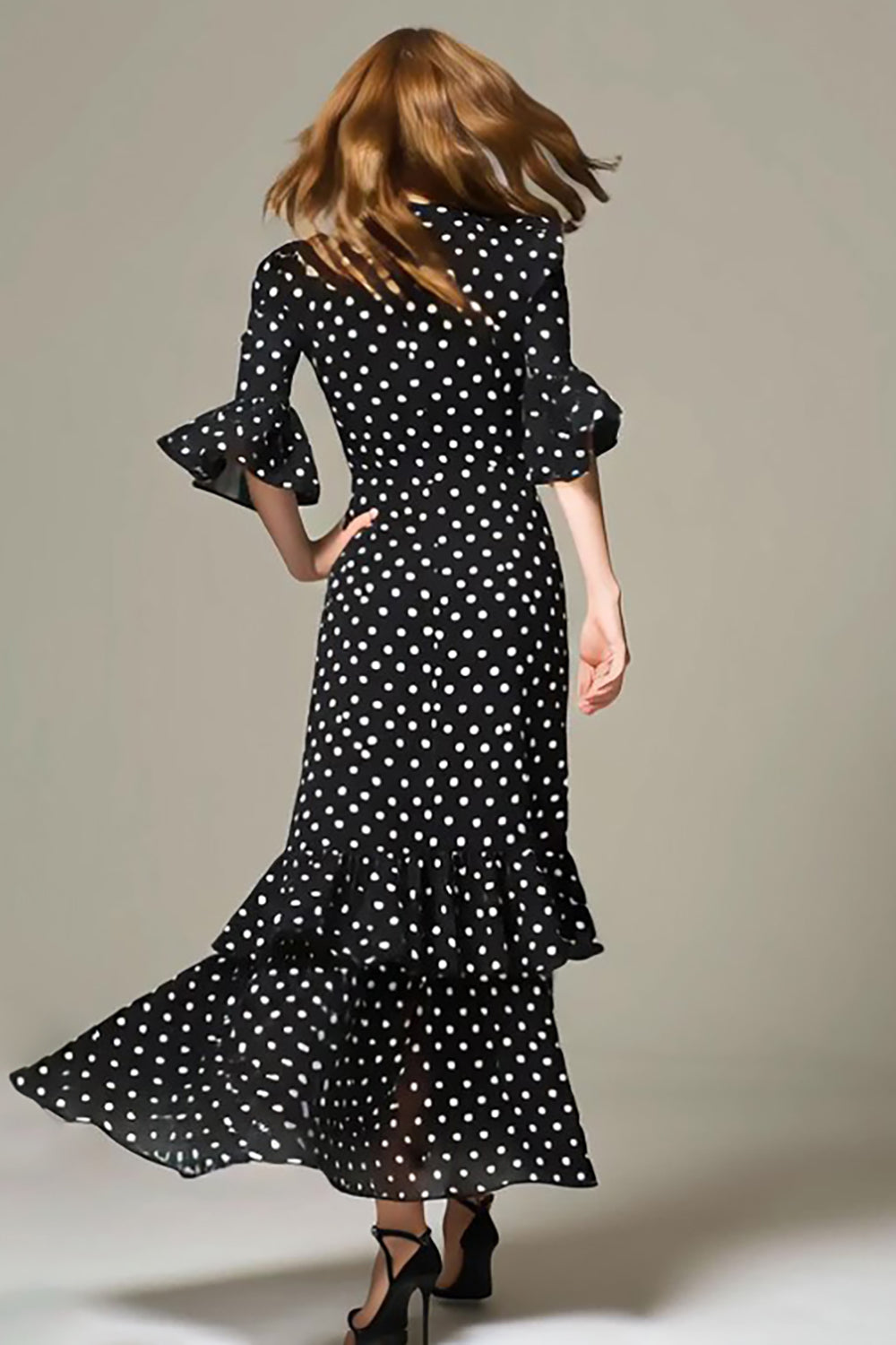 Black and White Chiffon A Line Ruffled Maxi Polka Dots Dress with Sleeves