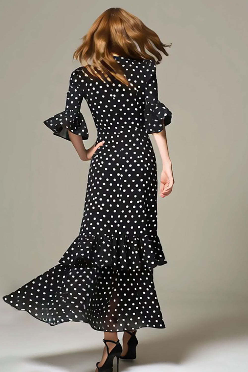 Black and White Chiffon A Line Ruffled Maxi Polka Dots Dress with Sleeves