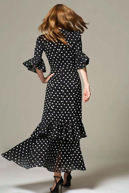 Black and White Chiffon A Line Ruffled Maxi Polka Dots Dress with Sleeves