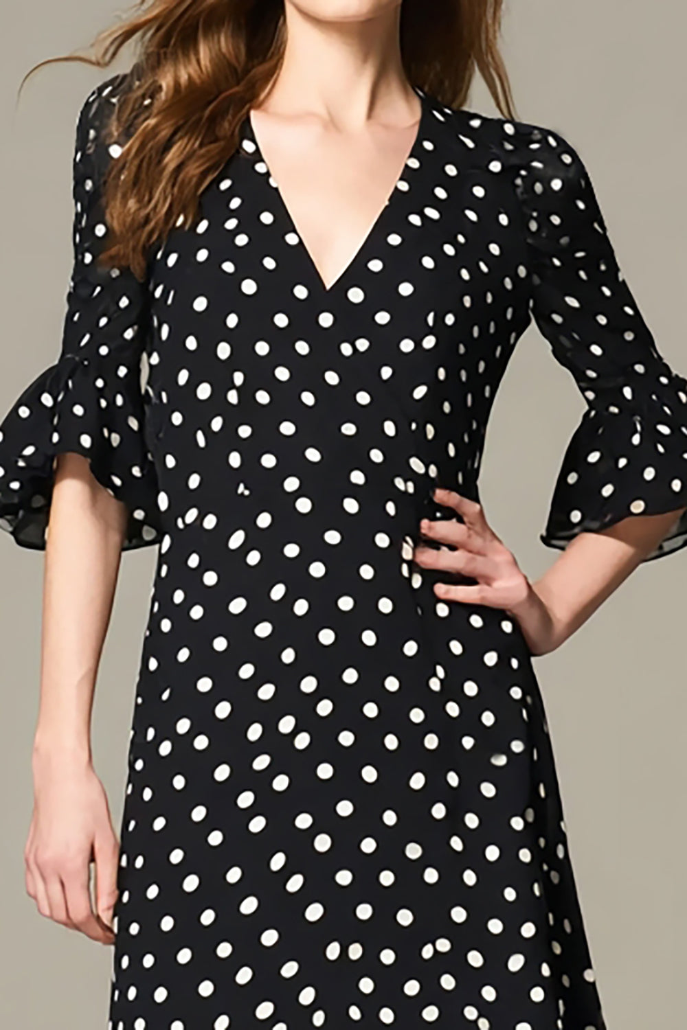 Black and White Chiffon A Line Ruffled Maxi Polka Dots Dress with Sleeves