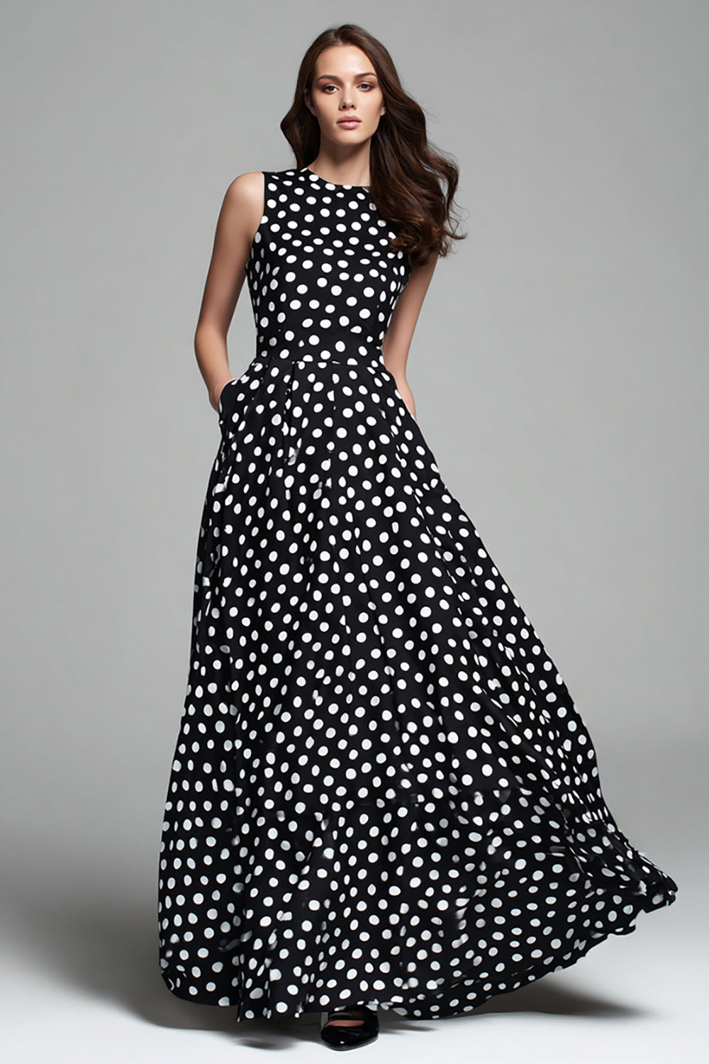 Leely Women Black and White Maxi Chiffon Polka Dots Dress A Line Round Neck Wedding Guest Dress