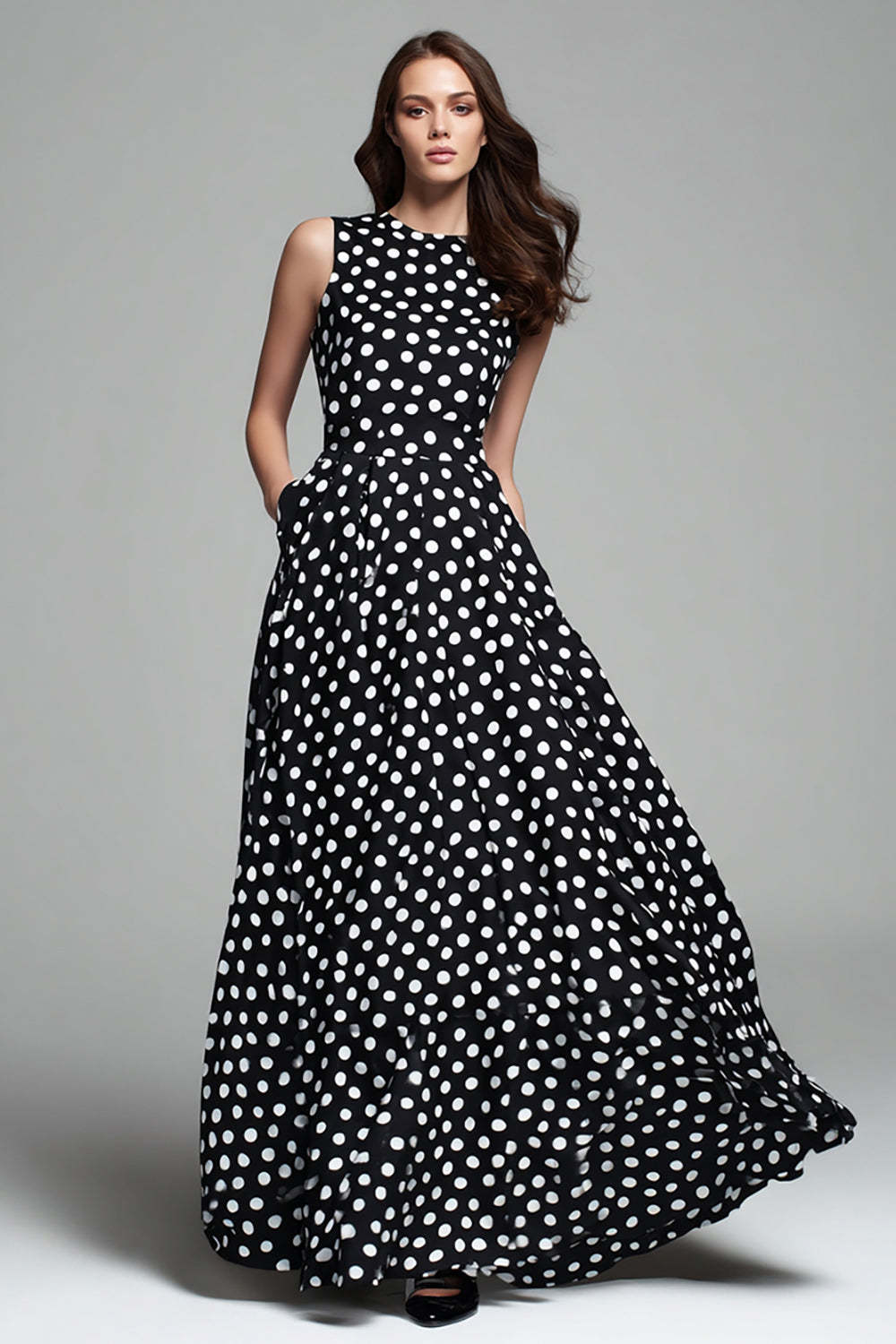 Leely Women Black and White Maxi Chiffon Polka Dots Dress A Line Round Neck Wedding Guest Dress