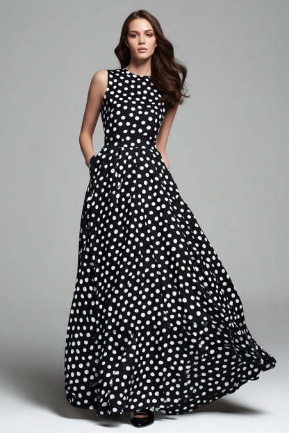 Leely Women Black and White Maxi Chiffon Polka Dots Dress A Line Round Neck Wedding Guest Dress