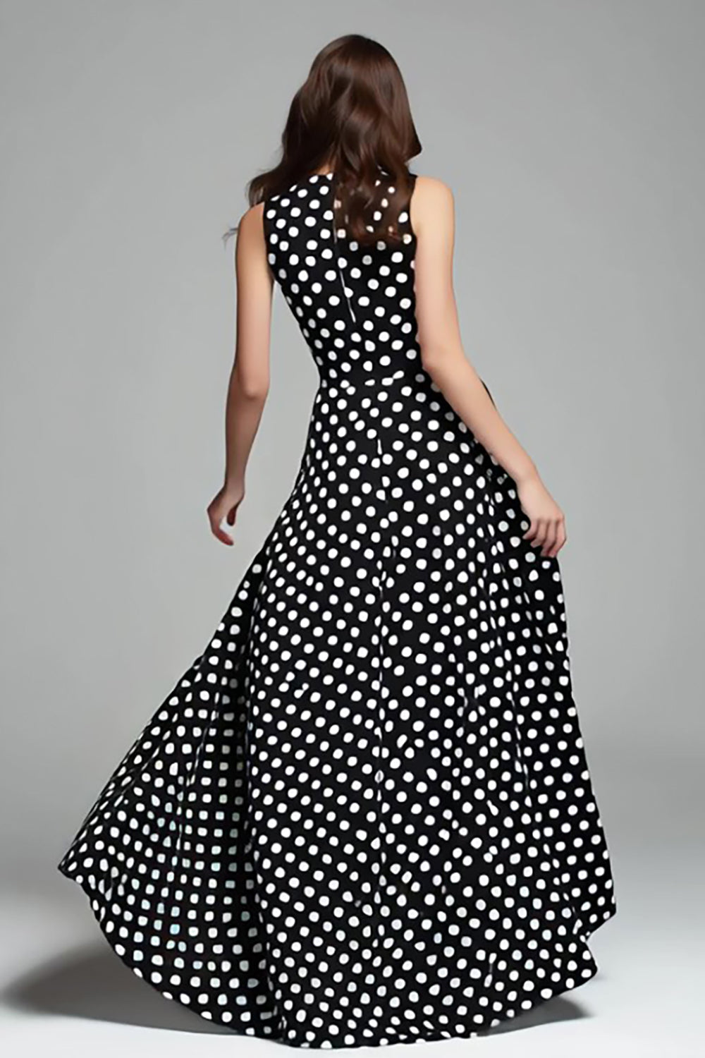 Black and White A Line Chiffon Round Neck Maxi Polka Dots Dress