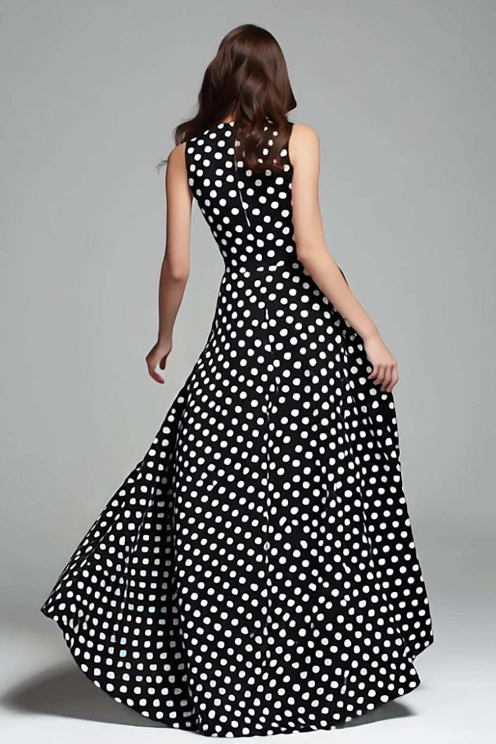Black and White A Line Chiffon Round Neck Maxi Polka Dots Dress