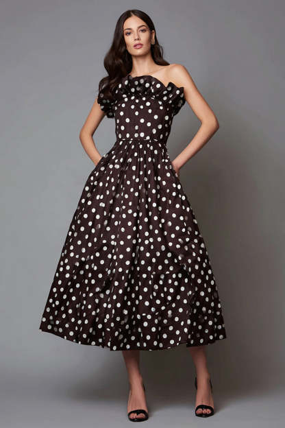 Leely Women Dark Brown Satin Long Polka Dots Dress A Line Strapless Formal Dress with Ruffles