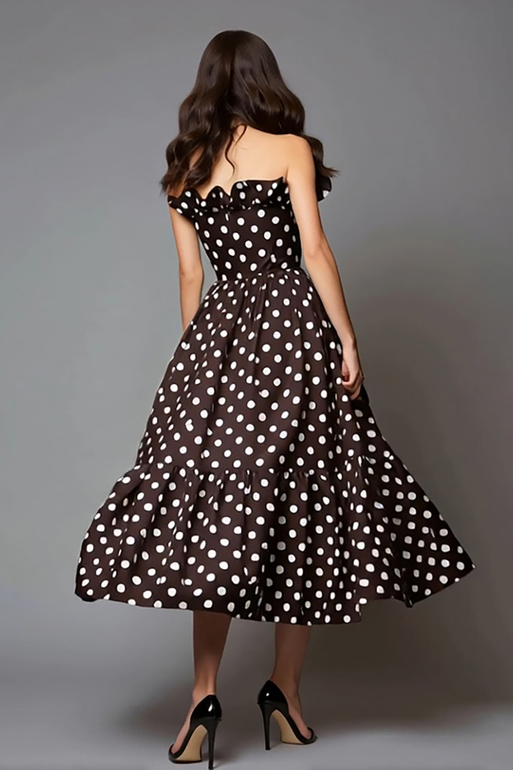 Dark Brown Satin A Line Strapless Long Polka Dots Dress with Ruffles