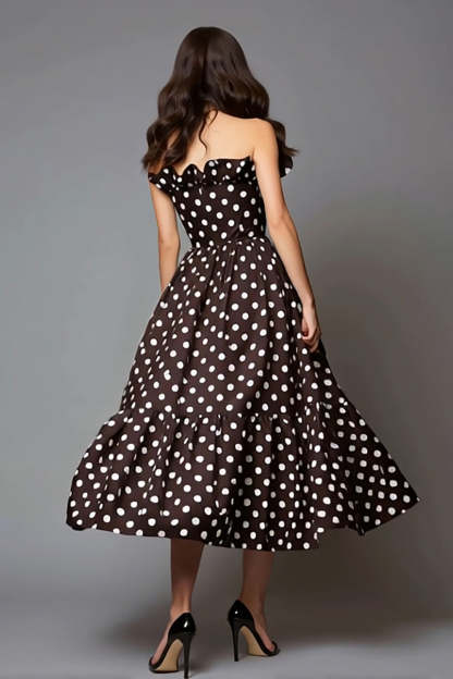 Dark Brown Satin A Line Strapless Long Polka Dots Dress with Ruffles