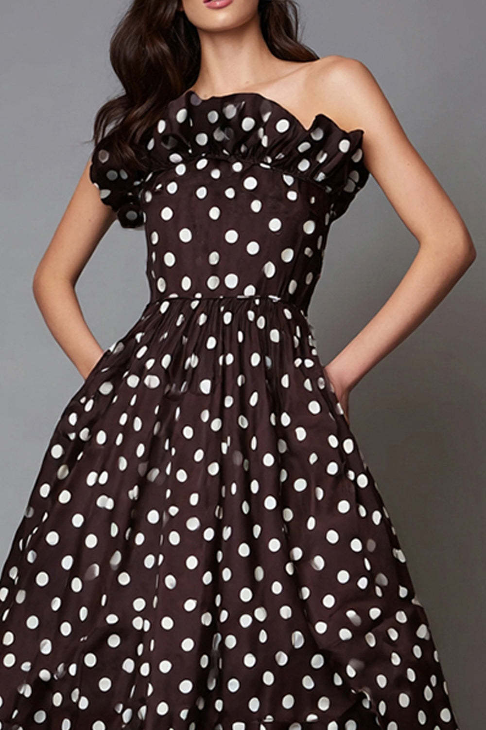 Dark Brown Satin A Line Strapless Long Polka Dots Dress with Ruffles