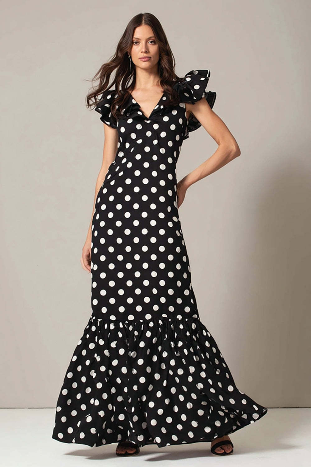 Leely Women Black and White Chiffon Maxi Polka Dots Dress V-Neck Mermaid Cap Sleeves Formal Dress