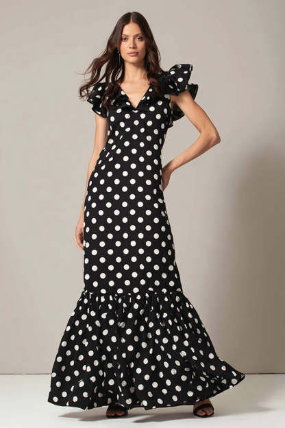 Leely Women Black and White Chiffon Maxi Polka Dots Dress V-Neck Mermaid Cap Sleeves Formal Dress