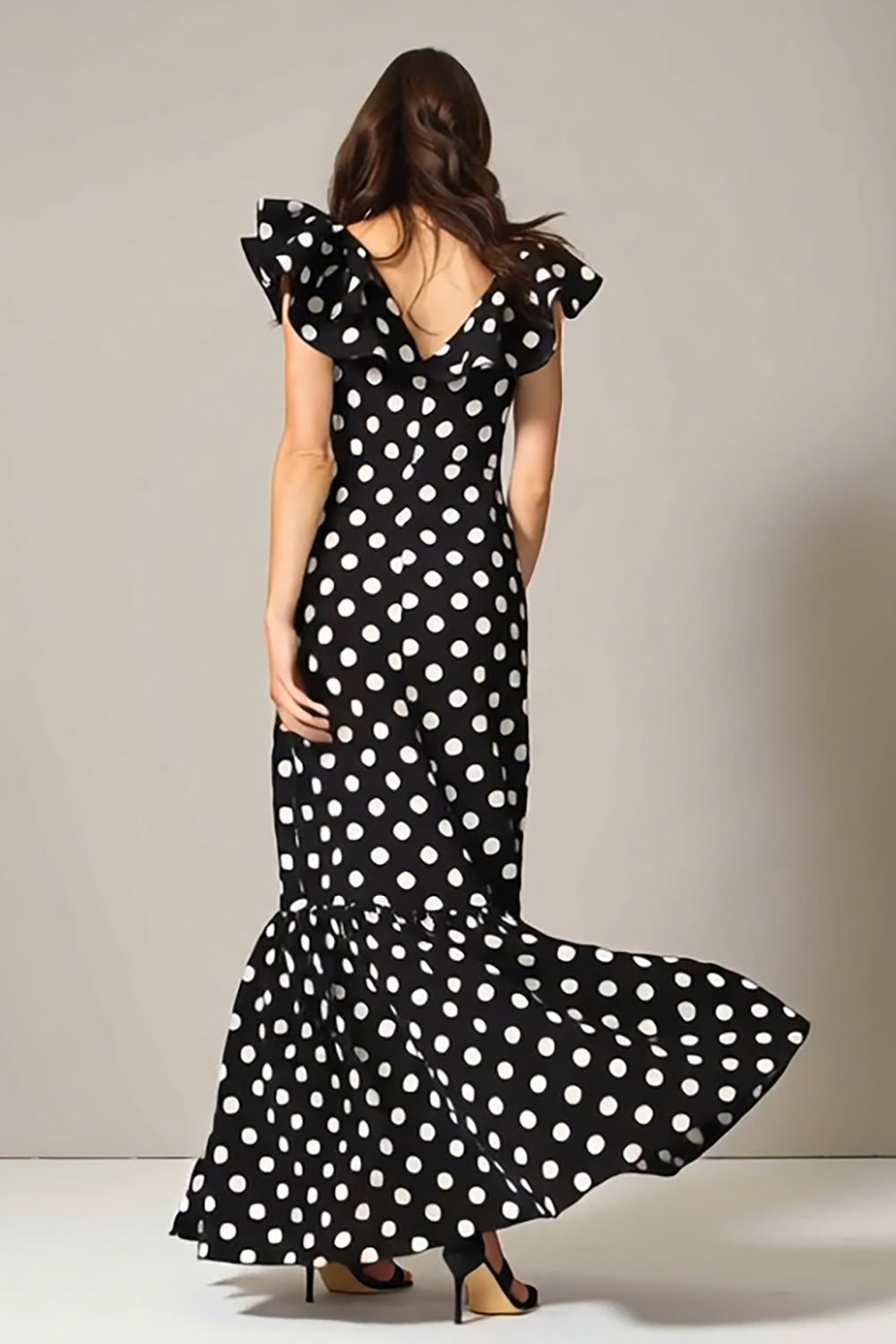 Black and White Mermaid Chiffon V-Neck Maxi Polka Dots Dress